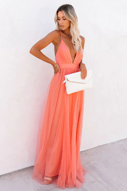 Women's V-Neck Tulle Maxi Dress