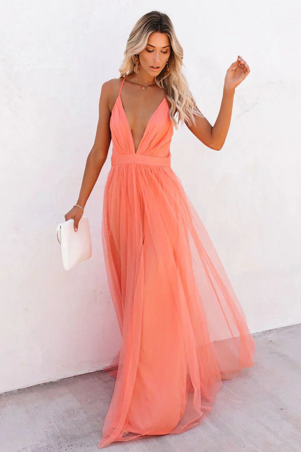 Women's V-Neck Tulle Maxi Dress