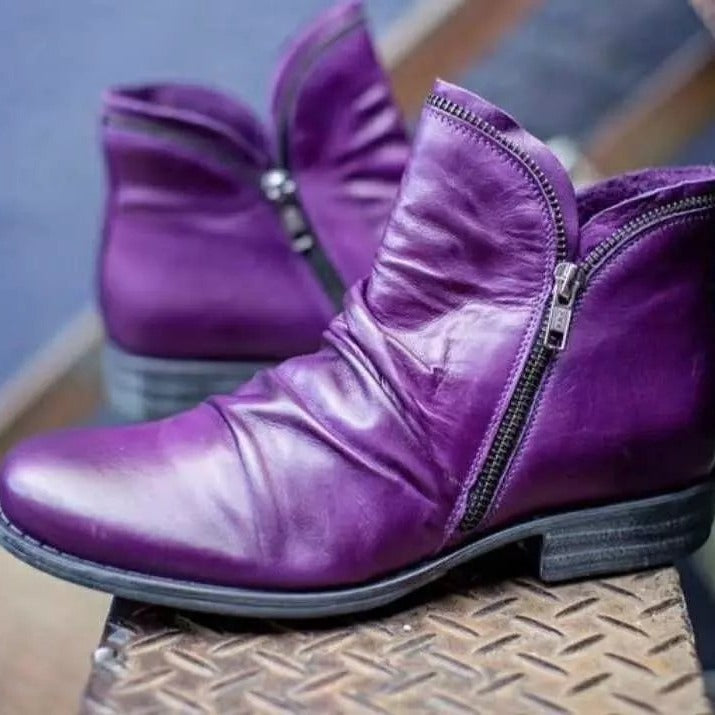 Women's Ruched Leather Ankle Boots – Side Zip
