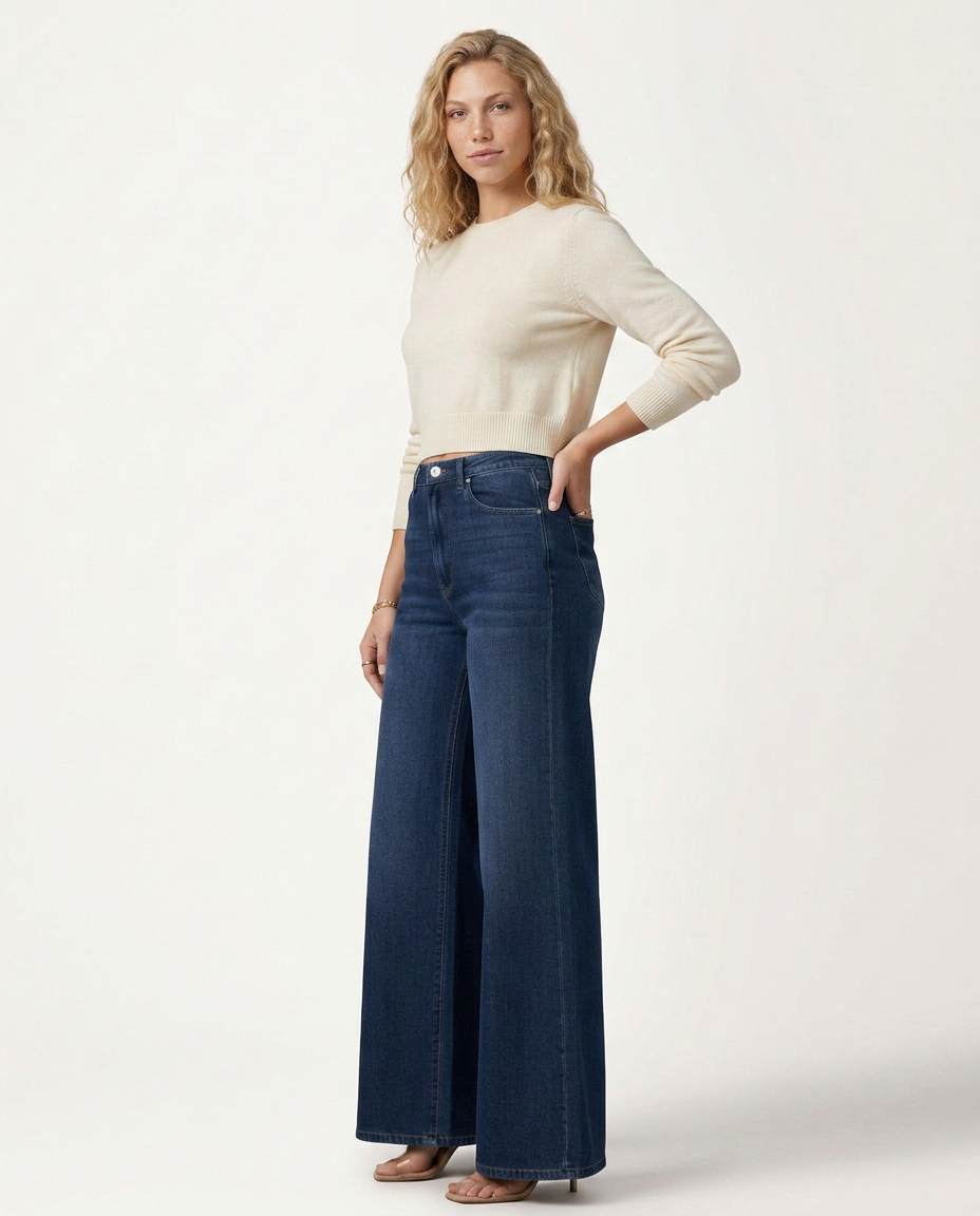 Women's Structured Wide-Leg Denim-Look Trousers