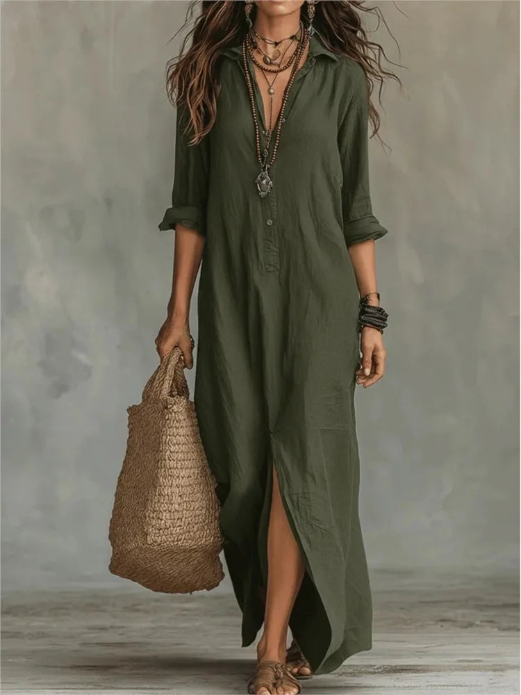 Agnes Linen Shirt Dress – Relaxed Fit, 3/4 Sleeves