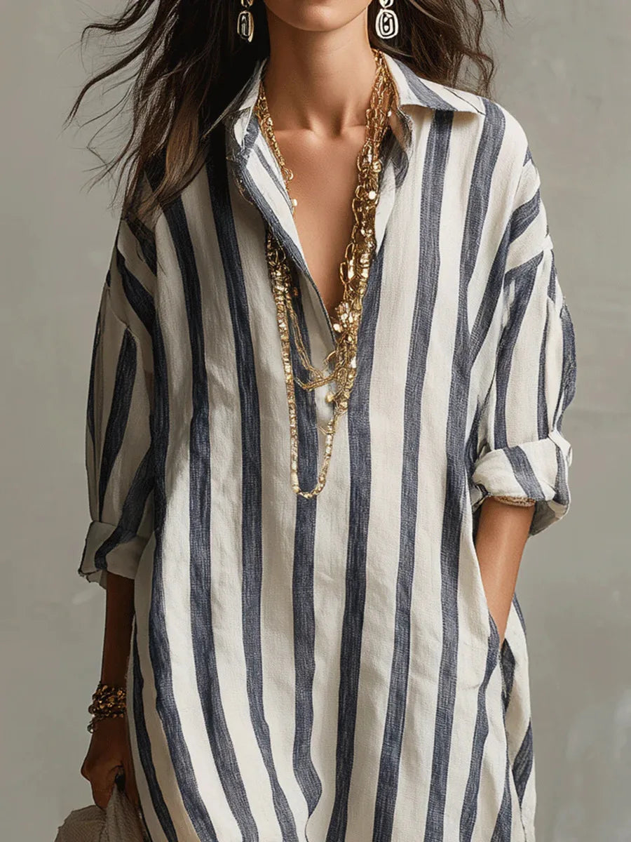 Women's Striped Linen Shirt Dress – Button Front