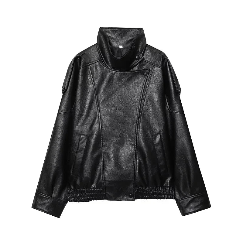 Women's Oversized Faux Leather Jacket – High Collar