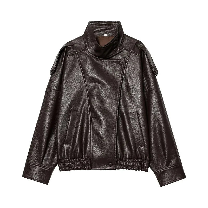 Women's Oversized Faux Leather Jacket – High Collar
