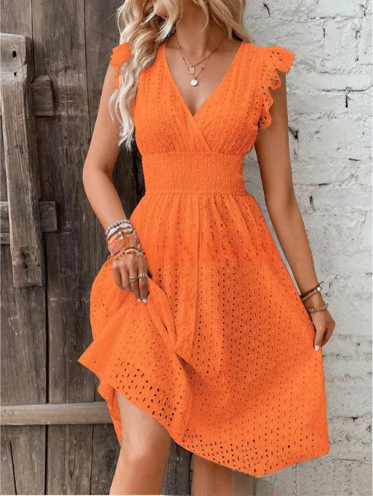 Lily V-Neck Summer Dress – Eyelet, Smocked A-Line