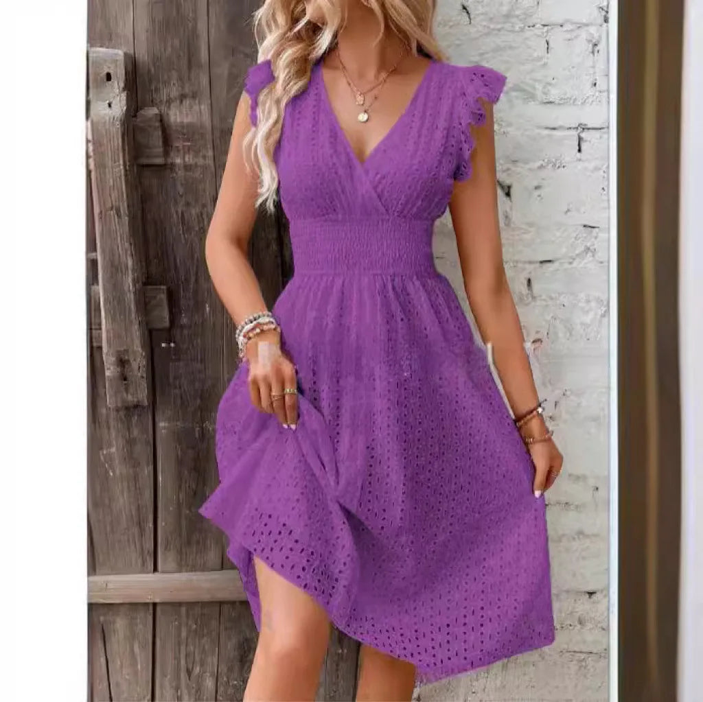 Lily V-Neck Summer Dress – Eyelet, Smocked A-Line