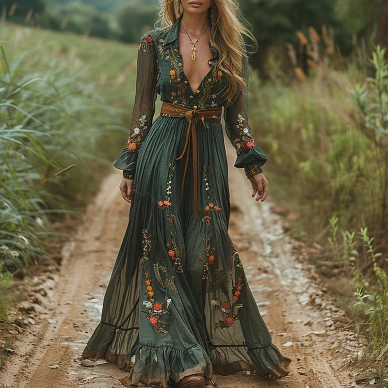 Women's Embroidered V-Neck Maxi Dress – Balloon Sleeve