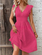 Lily V-Neck Summer Dress – Eyelet, Smocked A-Line