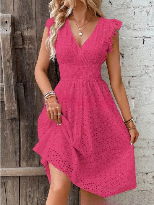 Lily V-Neck Summer Dress – Eyelet, Smocked A-Line