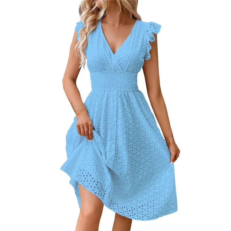 Lily V-Neck Summer Dress – Eyelet, Smocked A-Line
