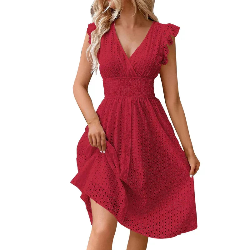 Lily V-Neck Summer Dress – Eyelet, Smocked A-Line