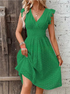 Lily V-Neck Summer Dress – Eyelet, Smocked A-Line