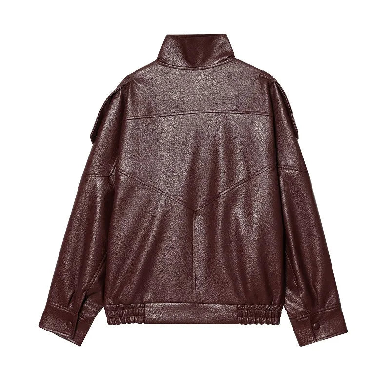 Women's Oversized Faux Leather Jacket – High Collar