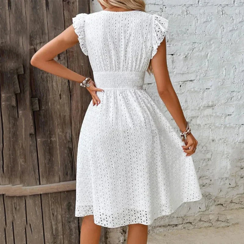 Lily V-Neck Summer Dress – Eyelet, Smocked A-Line
