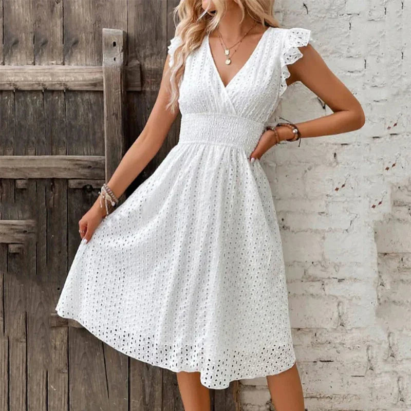 Lily V-Neck Summer Dress – Eyelet, Smocked A-Line
