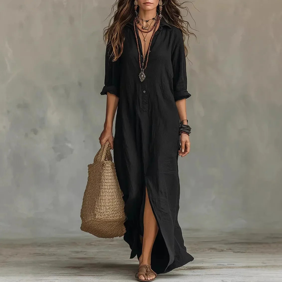 Agnes Linen Shirt Dress – Relaxed Fit, 3/4 Sleeves