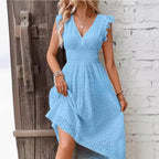 Lily V-Neck Summer Dress – Eyelet, Smocked A-Line