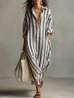 Women's Striped Linen Shirt Dress – Button Front