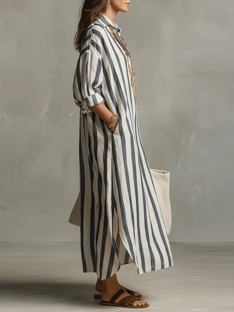 Women's Striped Linen Shirt Dress – Button Front