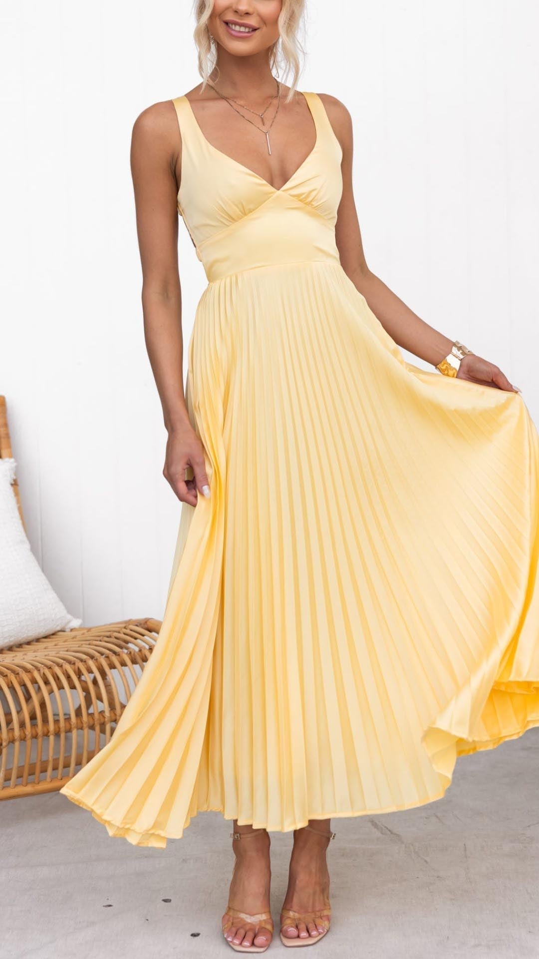Aby Pleated Midi Dress – V-Neck, Sleeveless