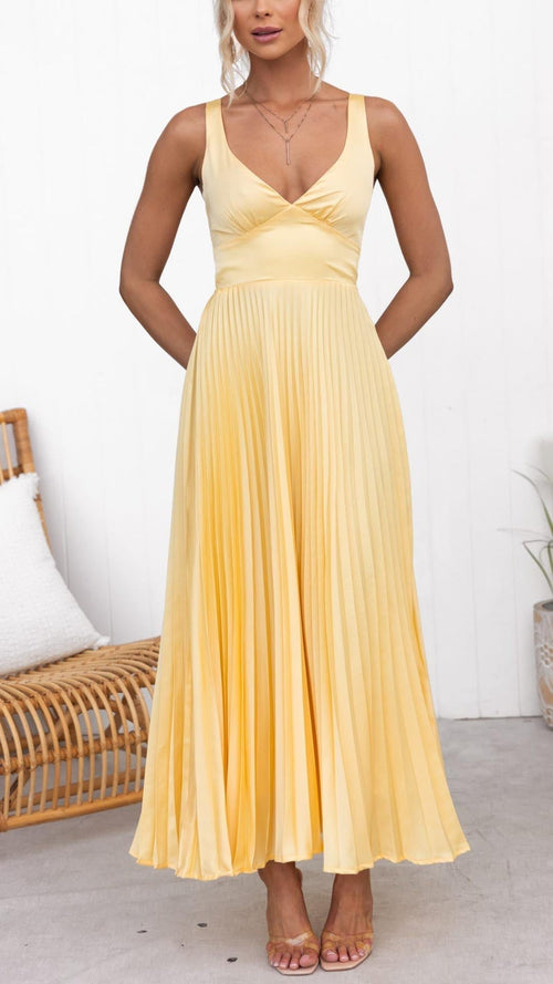 Aby Pleated Midi Dress – V-Neck, Sleeveless