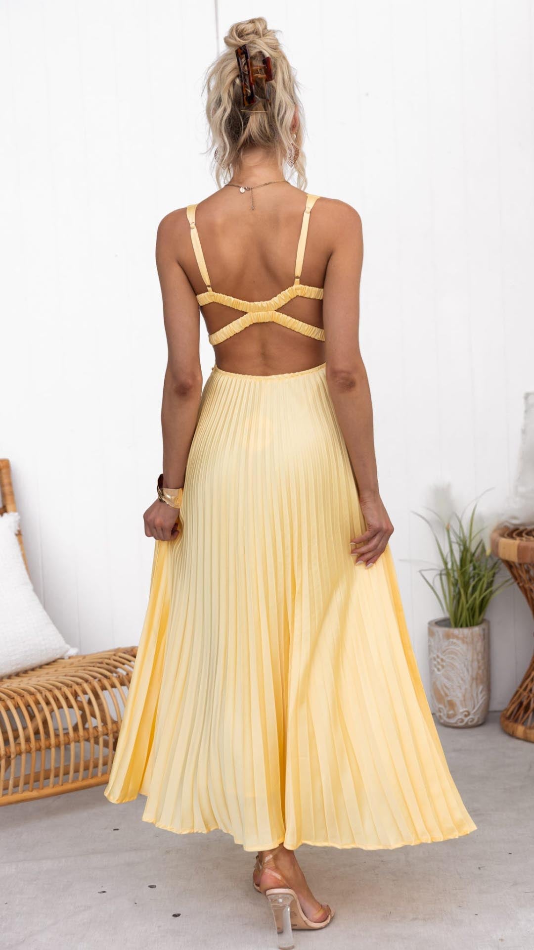 Aby Pleated Midi Dress – V-Neck, Sleeveless
