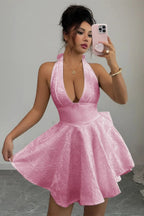 Women's Halter V-Neck Mini Dress – Jacquard