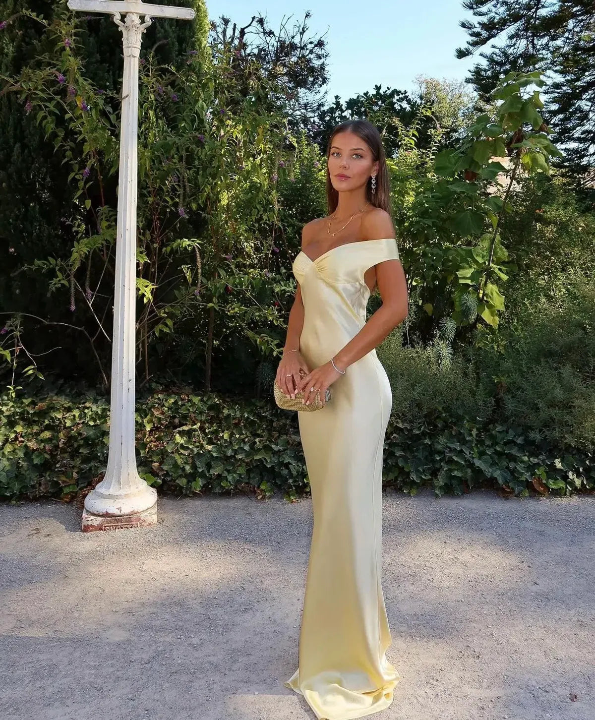 Women's Satin Off Shoulder Open Back Maxi Dress