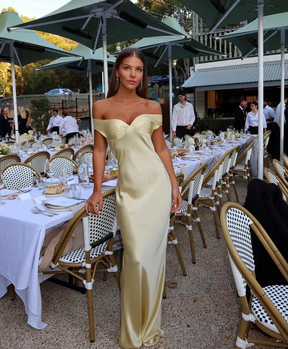Women's Satin Off Shoulder Open Back Maxi Dress
