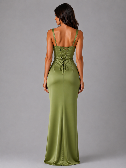 Women's Satin Ruched Waist Maxi Dress