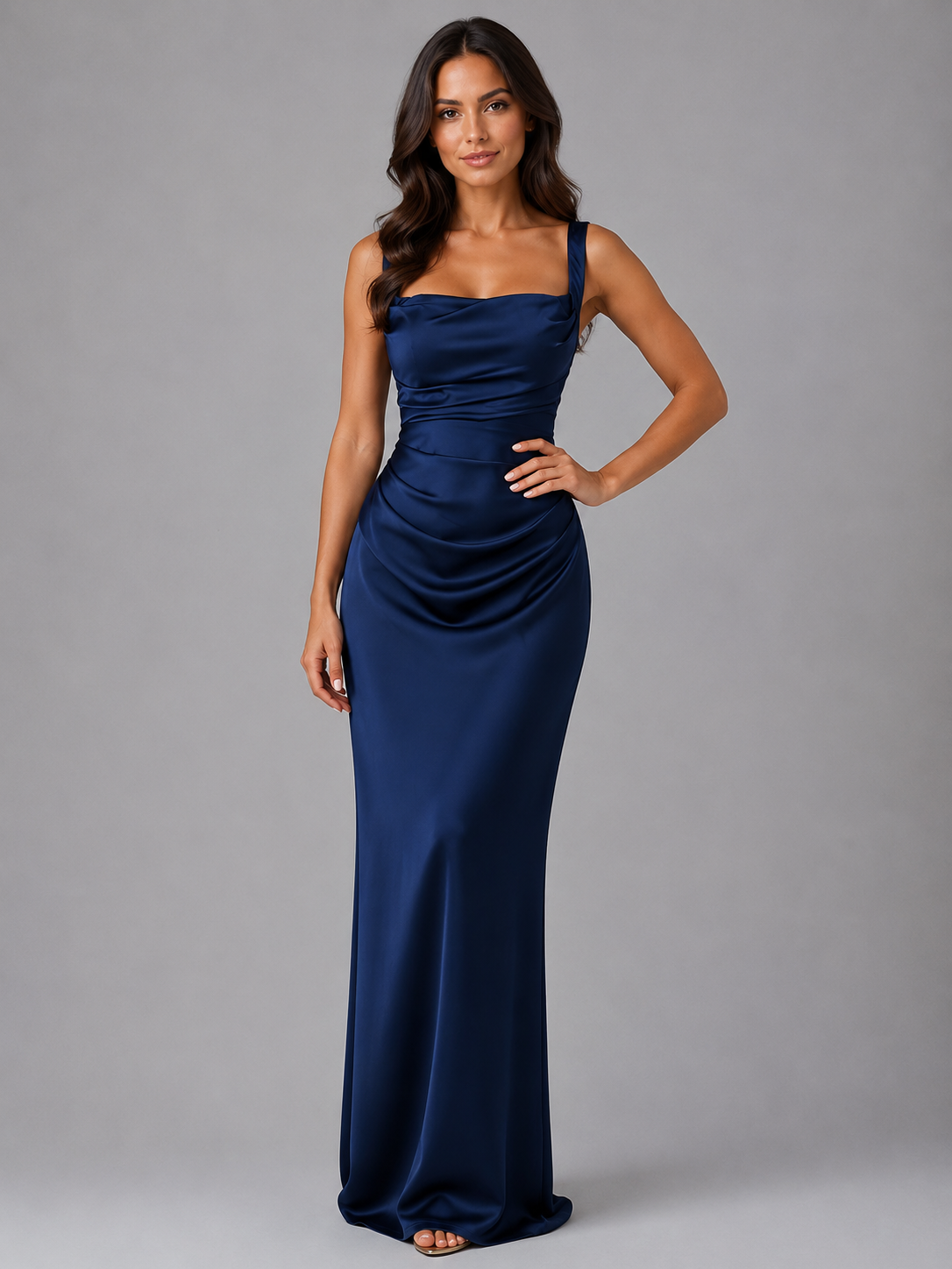 Women's Satin Ruched Waist Maxi Dress