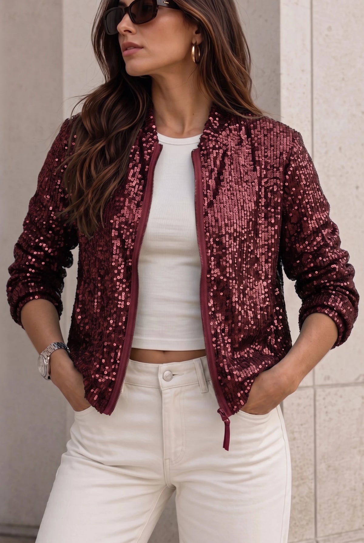 Women's Sequin Zip Front Bomber Jacket