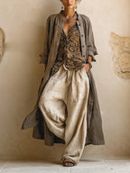 Women's Linen 3-Piece Set – Duster Coat & Wide-Leg Trousers