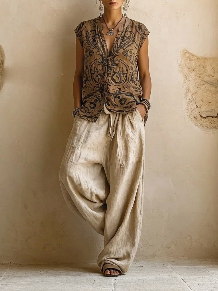 Women's Linen 3-Piece Set – Duster Coat & Wide-Leg Trousers