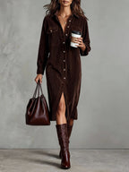Women's Corduroy Double Pocket Midi Dress