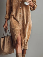 Women's Corduroy Double Pocket Midi Dress
