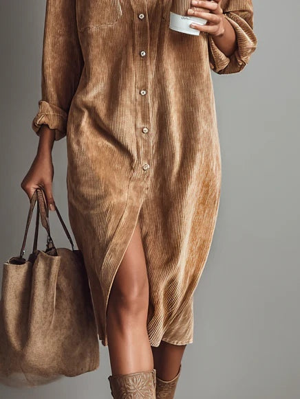 Women's Corduroy Double Pocket Midi Dress