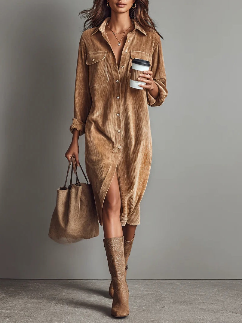 Women's Corduroy Double Pocket Midi Dress