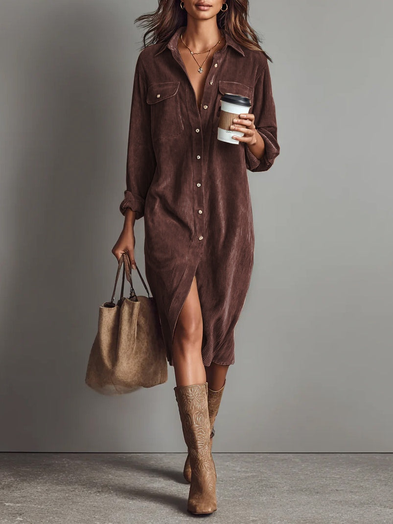Women's Corduroy Double Pocket Midi Dress