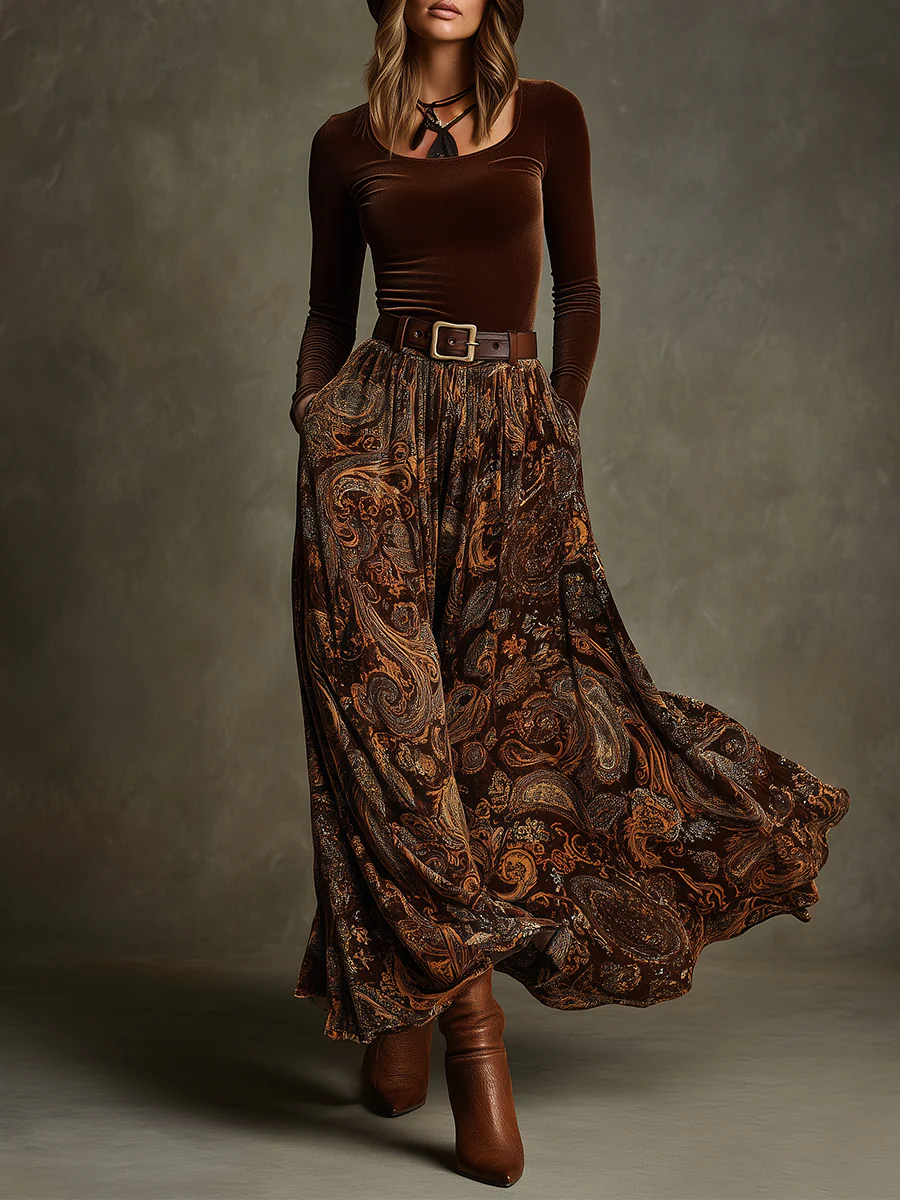Women's Velvet Top & Paisley Maxi Skirt Set