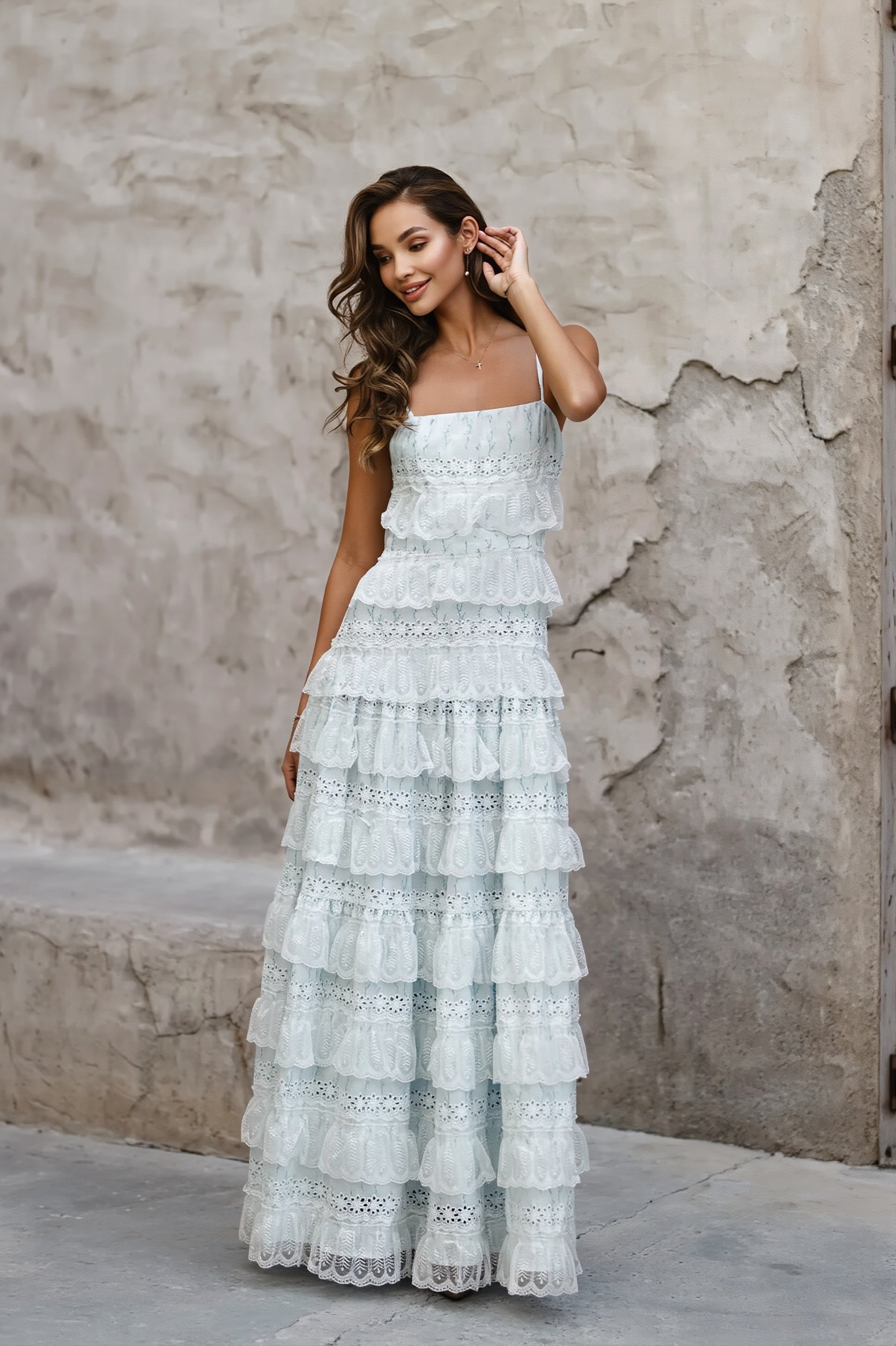Maya | Tiered Long Sleeve Maxi Dress - Crochet Lace Trim & Ruffle Hem