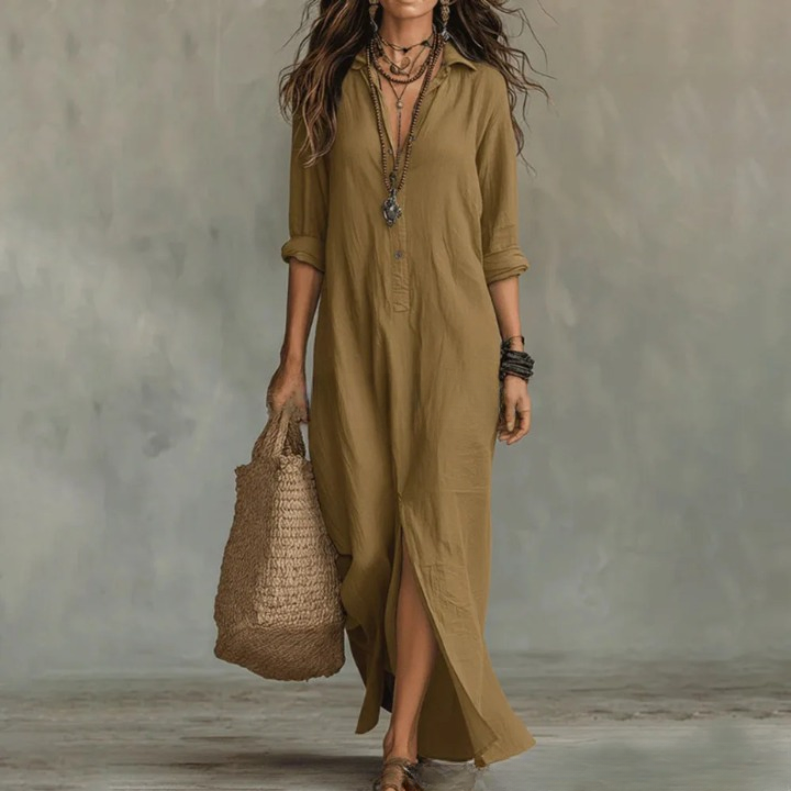 Agnes Linen Shirt Dress – Relaxed Fit, 3/4 Sleeves