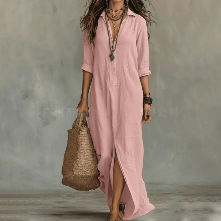 Agnes Linen Shirt Dress – Relaxed Fit, 3/4 Sleeves