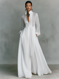 Women's Linen Maxi Dress – Stand Collar, Long Sleeve