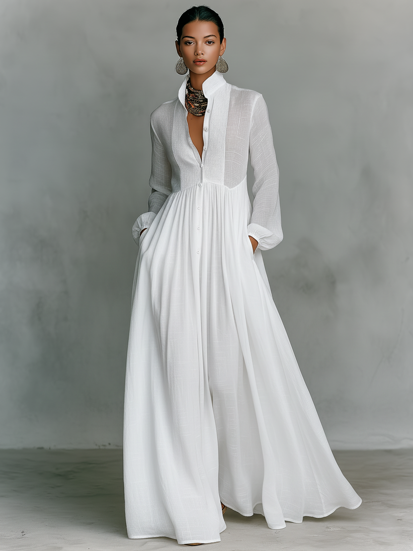 Women's Linen Maxi Dress – Stand Collar, Long Sleeve