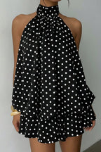 Daisy | Polka Dot Halter Mini Dress - Backless Lace-Up Flared