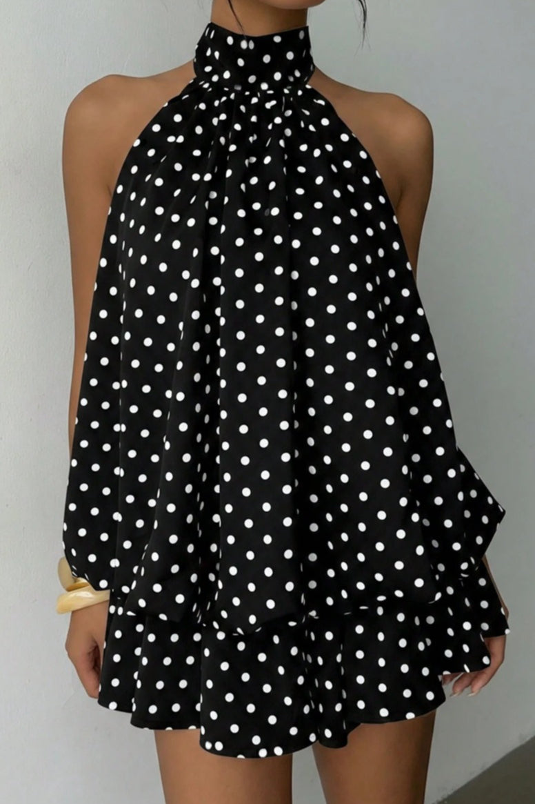 Daisy | Polka Dot Halter Mini Dress - Backless Lace-Up Flared