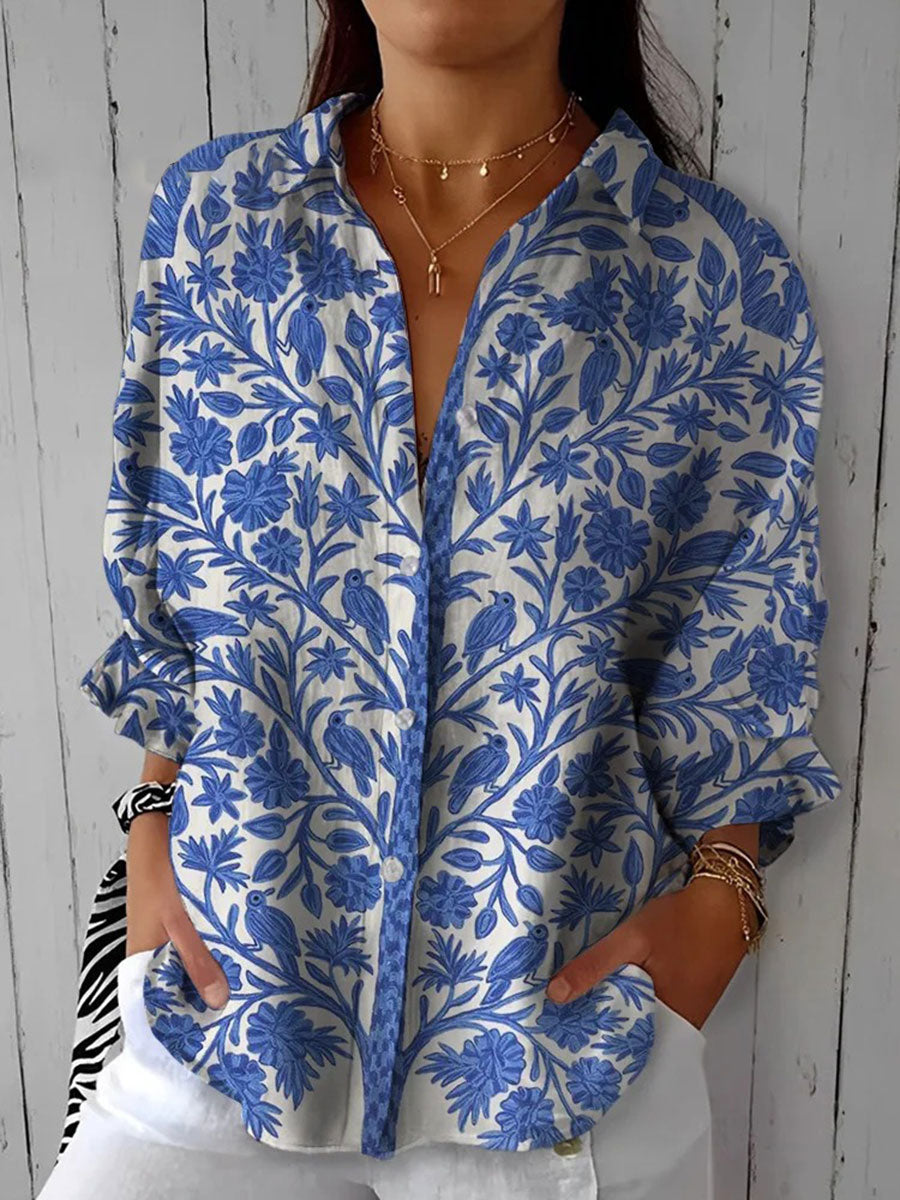 Frederikke Floral Blouse – Button-Down, 3/4 Sleeve