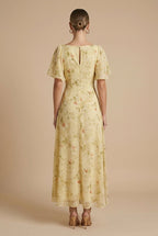 Women's Floral Square Neck Maxi Dress – Puff Sleeves, Ruched Bodice