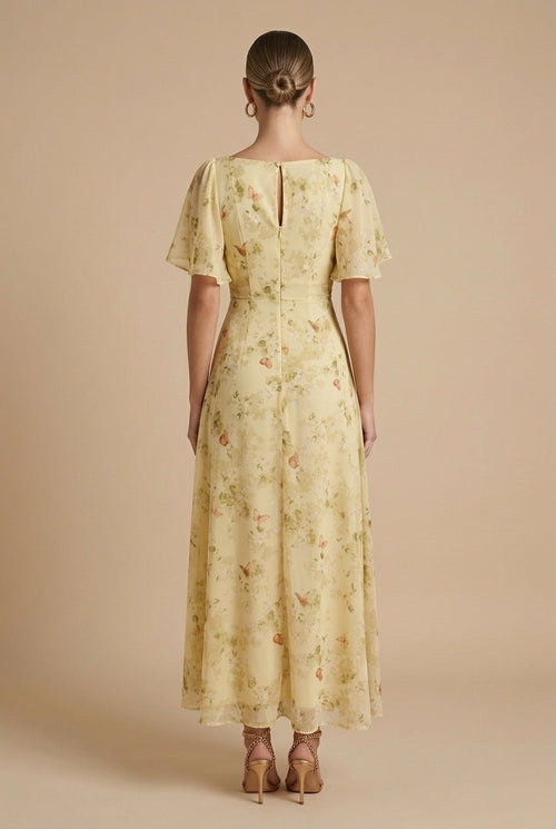 Women's Floral Square Neck Maxi Dress – Puff Sleeves, Ruched Bodice